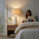 Classic fabric drum shade showcasing the premium texture and warm diffusion of the table lamp