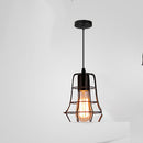 Front view of a retro industrial wrought iron cage chandelier hanging in a rustic restaurant