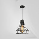 Industrial style cage pendant light providing ambient lighting in a modern urban cafe